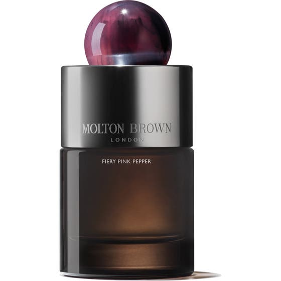 Molton Brown Fiery Pink Pepper 100 ml kryddig eau de parfum dam i brun glasflaska med lila marmorerad kula