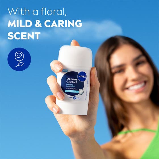 NIVEA Antiperspirant Deo Stick Derma Control Defend 50 ml ger mjukare och hälsosam hud på kvinna i orange topp