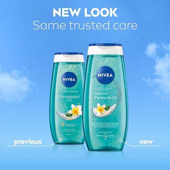 NIVEA Hawaii Flower & Oil Shower 250 ml närande NIVEA duschgel med blå gelkonsistens och gula vårdande oljepärlor.