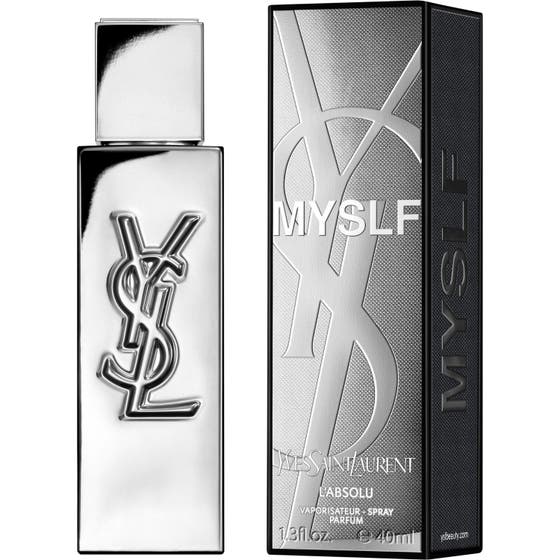 yves saint laurent myslf l'absolu 40ml herrparfym i en metallisk silverflaska med präglad YSL logotyp och ask