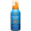 EVY Technology Sunscreen Mousse SPF 30 vattenfast hypoallergen solkräm i en blå sprayflaska med orange detaljer