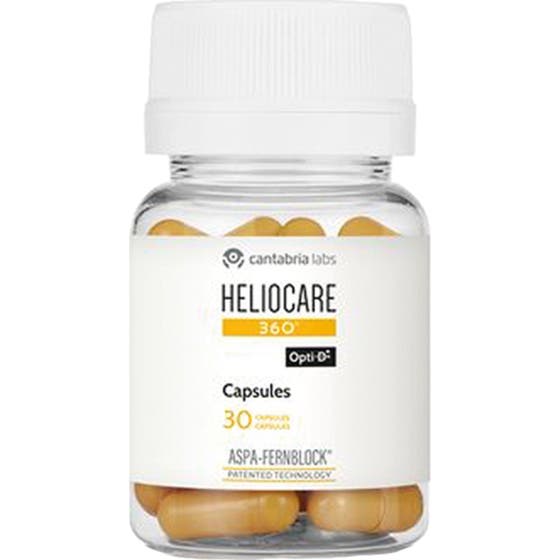 Heliocare 360 Capsules 30 st kosttillskott som ger huden skydd i en genomskinlig burk med gula kapslar