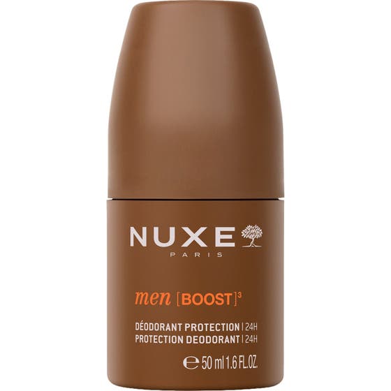 Nuxe Men [BOOST]³ 50 ml deodorant som ger 24 timmars skydd i en matt brun plastförpackning med roll-on.