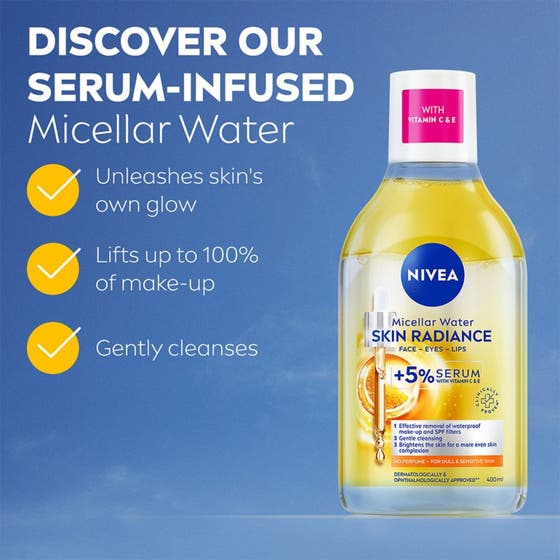 NIVEA Micellar Water Skin Radiance 400 ml med C-vitamin ger lyster i en genomskinlig flaska med gul vätska.