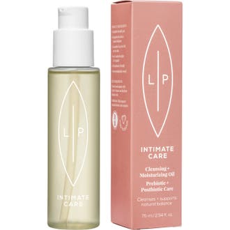 Lip Intimate Care Cleansing + Moisturising Oil 75 ml återfuktande intimolja i flaska med svart pump och brun ask