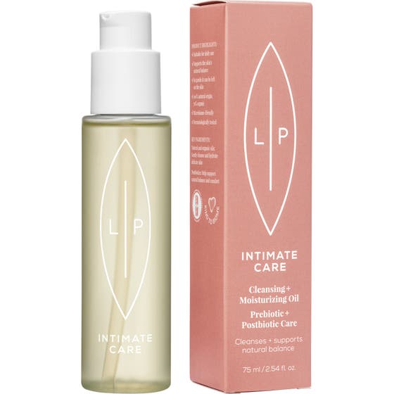 Lip Intimate Care Cleansing + Moisturising Oil 75 ml återfuktande intimolja i flaska med svart pump och brun ask