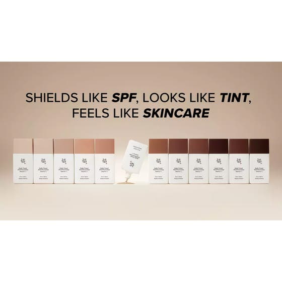 Beauty of Joseon Daily Tinted Fluid Sunscreen 50 ml tonad solkräm i elva nyanser med texten Shields like SPF