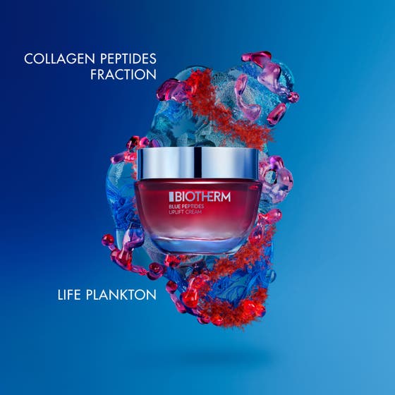 Biotherm Blue Peptides Uplift Cream 50 ml återfuktande ansiktskräm för fastare hud i röd glasburk med blått plankton