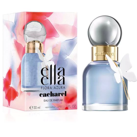 Cacharel Ella Ella Flora Azura 30 ml blommig parfym i ljusblå flaska med silverkork och vit fjäril intill mönstrad box