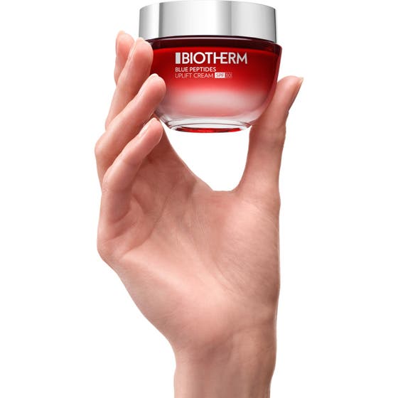 Biotherm Blue Peptides Uplift Cream 50 ml uppstramande ansiktskräm i rosa glasburk ger solskydd ansikte med SPF 30