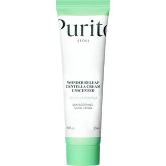 Purito Seoul Wonder Releaf Centella Cream Unscented 50 ml centella ansiktskräm känslig hud i vit tub med gröna detaljer.