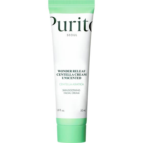 Purito Seoul Wonder Releaf Centella Cream Unscented 50 ml centella ansiktskräm känslig hud i vit tub med gröna detaljer.