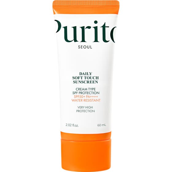 Purito Seoul Daily Soft Touch Sunscreen 60 ml daglig solkräm ansikte med ceramider hudvård i vit tub med orange lock