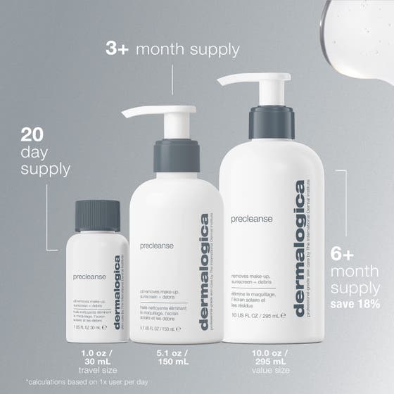 Dermalogica PreCleanse 295 ml rengöringsolja i vit plastflaska med pump som effektivt löser upp smink.