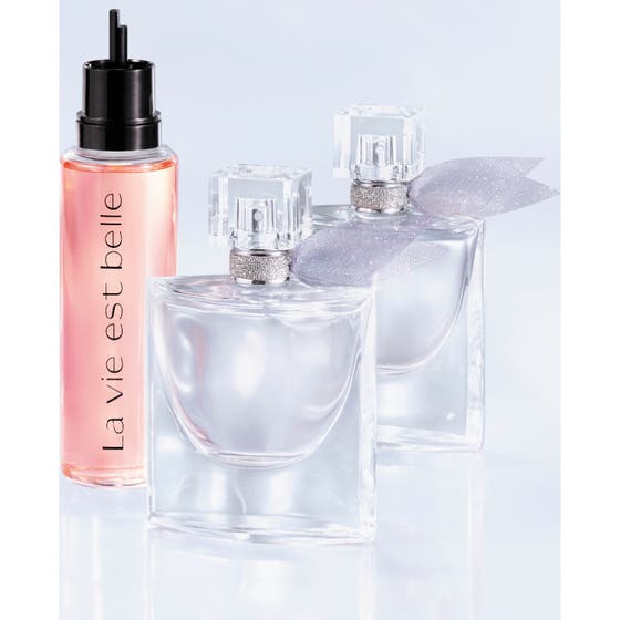 Lancôme La vie est Belle refill 100ml påfyllningsbar damparfym i rosa flaska intill kork med silverband