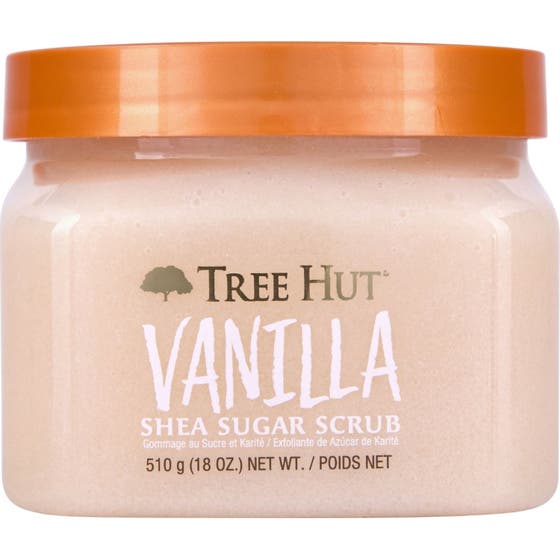Tree Hut Vanilla Shea Sugar Scrub 510 g exfolierande kroppsskrubb för mjuk hy i genomskinlig burk med orange lock