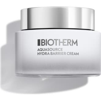Biotherm Aquasource Hydra Barrier Cream barriärstärkande fuktkräm ansikte i en vit frostad glasburk med silverlock