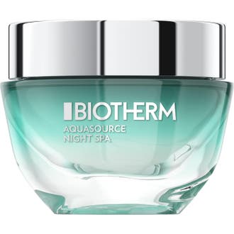 Biotherm Aquasource Night Spa 50ml återfuktande nattkräm i en elegant turkos glasburk med glansigt silverlock.
