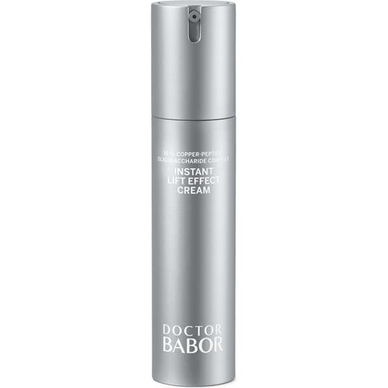 Doctor Babor Instant Lift Effect Cream ansiktslyft kräm i en slank silverfärgad pumpflaska för lyxig peptidkräm.