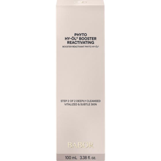 Babor Phyto HY-ÖL Booster Reactivating 100 ml vitaliserande ansiktsrengöring i ljusbeige ytterkartong.