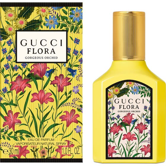 Gucci Flora Gorgeous Orchid 30 ml gul parfym i flaska med guldkork och blommig ytterförpackning