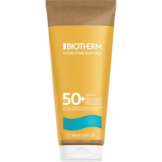 Biotherm Waterlover Hydrating Sun Milk 200 ml fuktgivande solmjölk i gul pappersbaserad tub med vitt lock