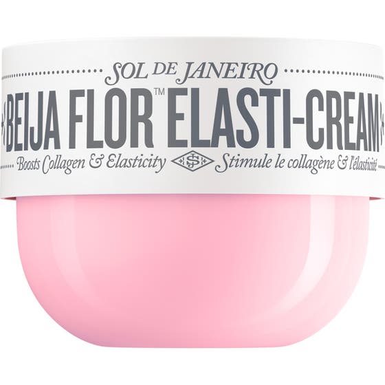 Sol de Janeiro Beija Flor Elasti-Cream elasticitetshöjande återfuktande kroppskräm med cacayolja i en rosa burk