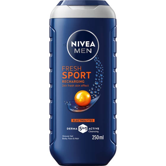 Nivea Men Sport 250 ml 3-in-1 duschtvål för män ger uppfriskande vård i en mörkblå flaska med orange detaljer