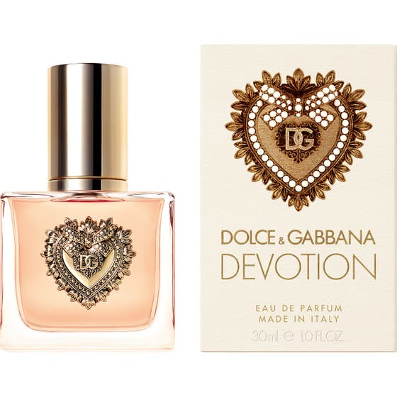 Dolce & Gabbana Devotion 30 ml söt designerparfym i beige ytterförpackning med ett utsmyckat gyllene hjärta