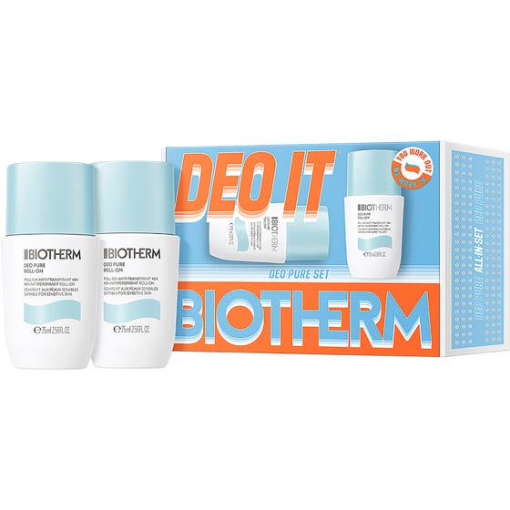 Biotherm Deo Pure Roll-On 2x75ml antiperspirant duo i vita flaskor med ljusblå lock och en orange presentask.