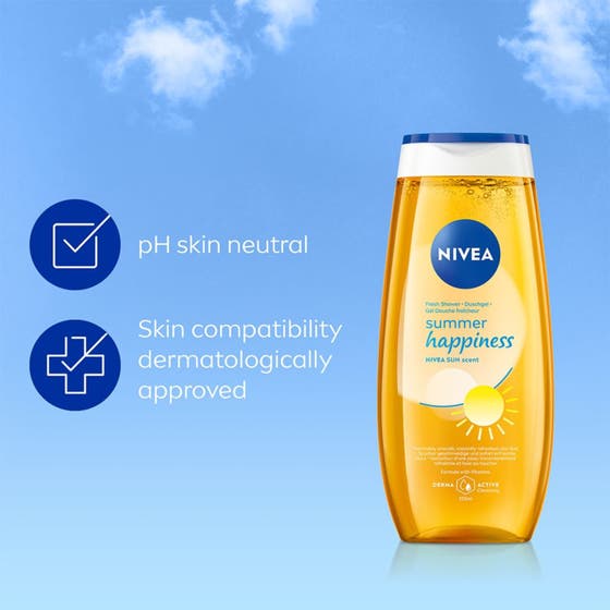 NIVEA Love Sunshine Shower Gel 250 ml duschtvål med fräsch doft av solsken intill apelsiner och en tvättsvamp.