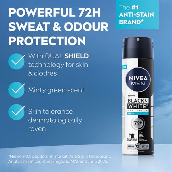 NIVEA MEN Black & White Fresh Spray 150 ml anti-fläck antiperspirant spray för män i svartvit flaska som ger 48 timmars skydd