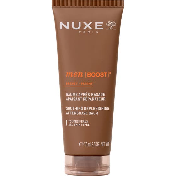 Nuxe Men Boost 3 75 ml lugnande aftershave balm som reparerar huden i en brun tub med genomskinligt lock