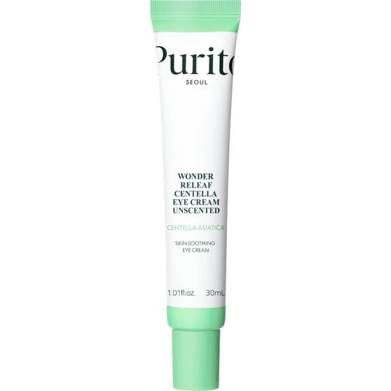 Purito Seoul Wonder Releaf Centella Eye Cream Unscented 30 ml lugnande anti-aging ögonkräm i vit tub med ljusgröna detaljer