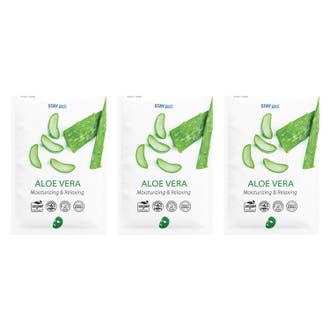 Stay Well Aloe Vera 3-pack fuktmask är en vegansk sheet mask i vita påsar dekorerade med gröna aloe vera-blad
