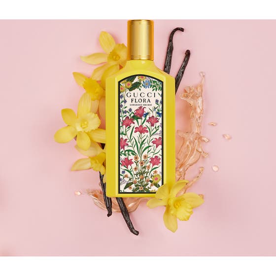 Gucci Flora Gorgeous Orchid 50 ml Eau de Parfum blommig parfym i gul flaska omgiven av vanilj och orkidéer