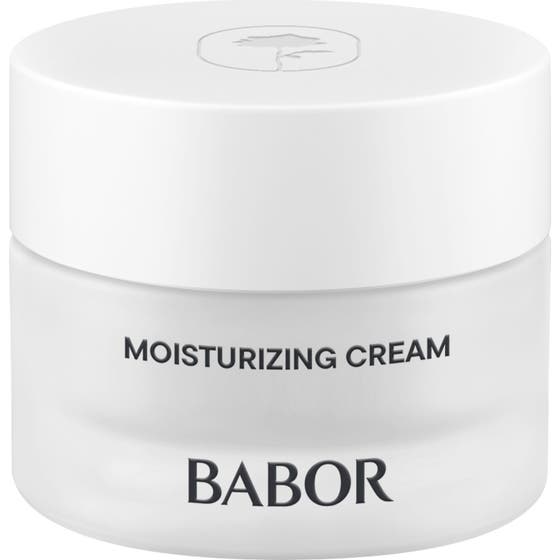 Babor Skinovage Moisturizing Cream återfuktande ansiktskräm i en burk av frostat glas med vitt lock.