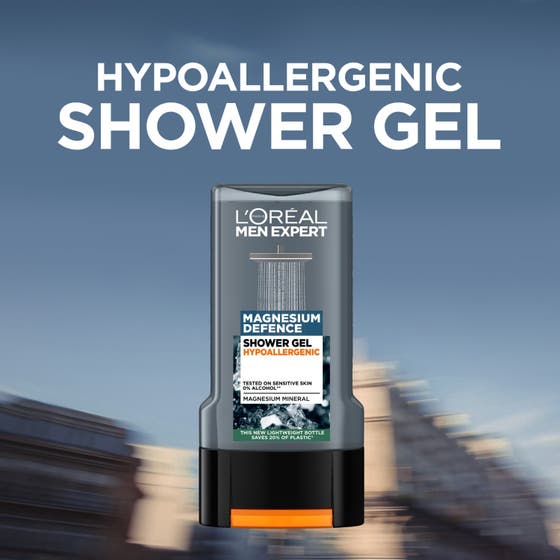 L'Oréal Paris Men Expert Magnesium Defence 300 ml duschtvål för män allergitestad i grå flaska med svart lock.