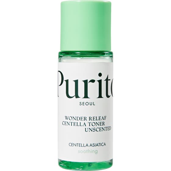 Purito Wonder Releaf Centella Toner Unscented lugnande ansiktsvatten i genomskinlig flaska med ljusgrönt lock