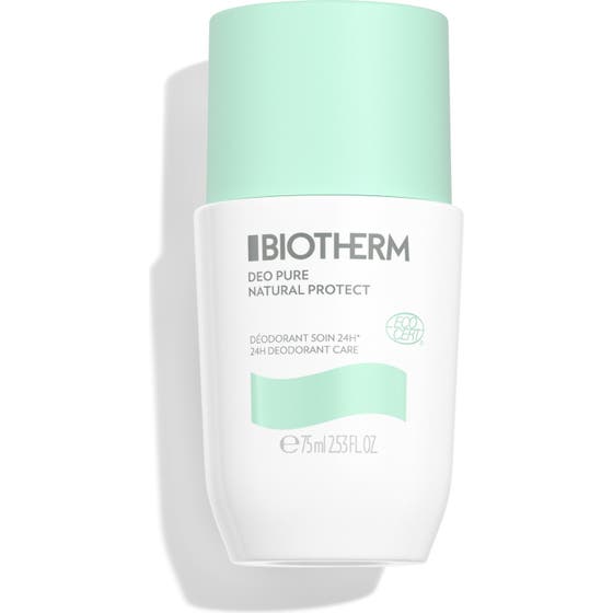 Biotherm Deo Pure Natural Protect 75 ml eko-certifierad deo som ger 24h skydd i vit roll-on flaska med mintgrönt lock