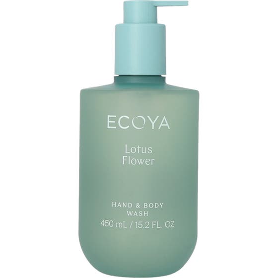 Ecoya Lotus Flower Hand & Body Wash 450 ml rengörande kroppstvål i en frostad grön flaska med praktisk pump.