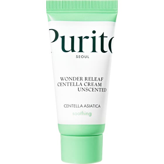 Purito SEOUL Wonder Releaf Centella Cream Unscented lugnande ansiktskräm i en vit plasttub med mintgrön kork.