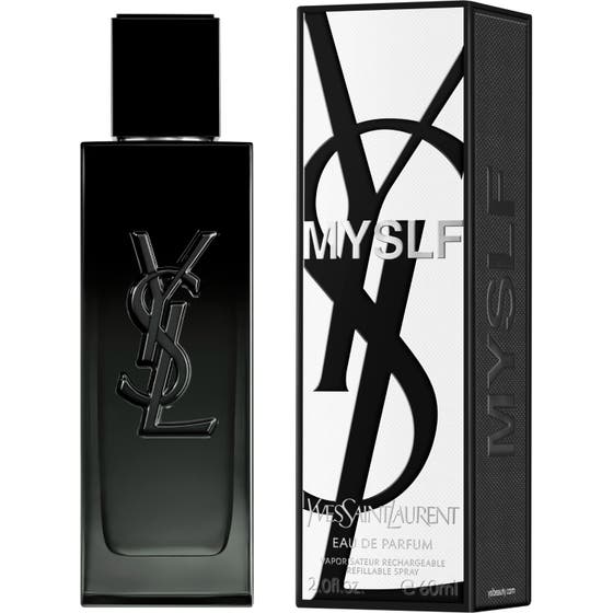 Yves Saint Laurent MYSLF EdP 60 ml herrparfym i stilren svart glasflaska bredvid vit ytterbox