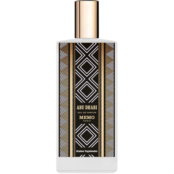 Memo Paris Abu Dhabi Eau de Parfum 75 ml unisex parfym i vit flaska med guldlock och svart mönstrad etikett