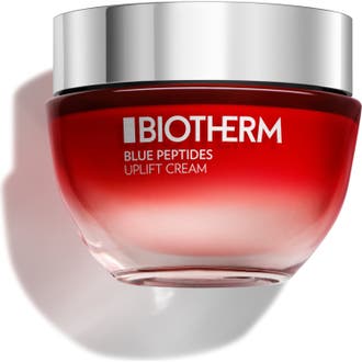 Biotherm Blue Peptides Uplift Cream ansiktskräm för konturförbättring med blå peptider i en röd glasburk med silverlock
