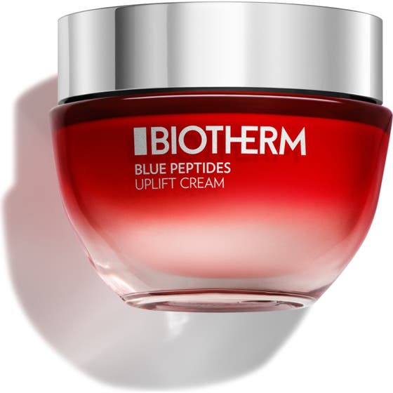 Biotherm Blue Peptides Uplift Cream ansiktskräm för konturförbättring med blå peptider i en röd glasburk med silverlock