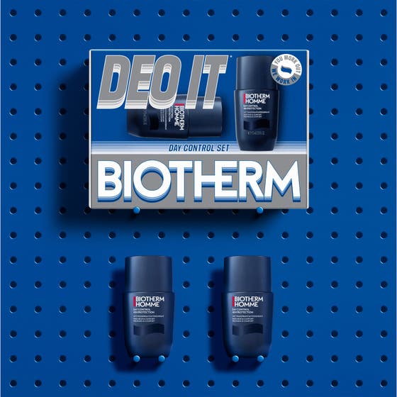 Biotherm Duo Deo Day Control 48H Set 150 ml herrdeodorant i mörkblå roll-on flaskor under en matchande presentask