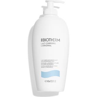 Biotherm Lait Corporel Original 400 ml anti-uttorkande kroppsmjölk som ger len hud i vit plastflaska med pump.
