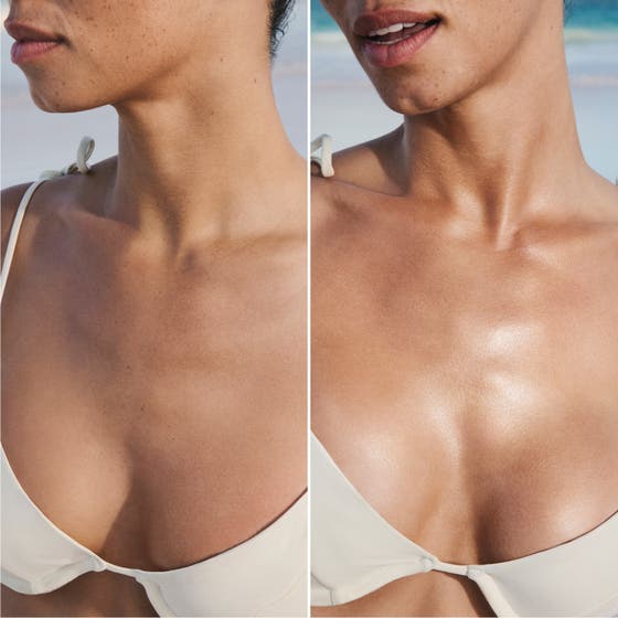Sol de Janeiro Copacabana Bronze Glow Oil 75 ml kroppsolja ger huden en skimrande lyster i en före och efter bild.