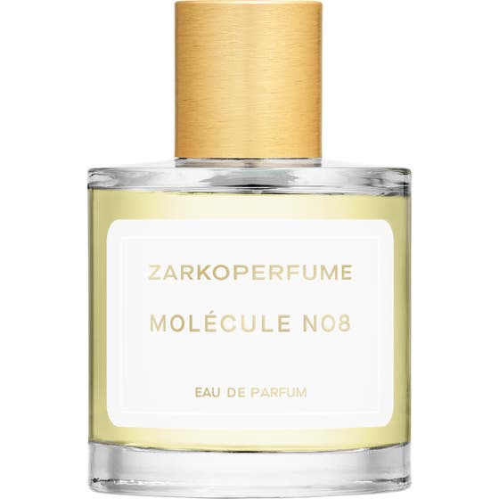 Zarkoperfume MOLéCULE No. 8 Wooden Chips 100 ml molekylparfym med tränoter i glasflaska med svart etikett och guldkork